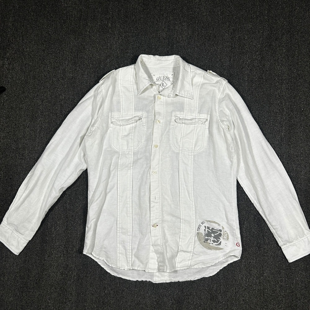 Guess Button Down Shirt Mens Large White Linen Blend Graphic Little Tokyo Neo EX